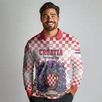 Personalized Croatia National Day Long Sleeve Polo Shirt Croatian Kuna Heritage Iris Floral