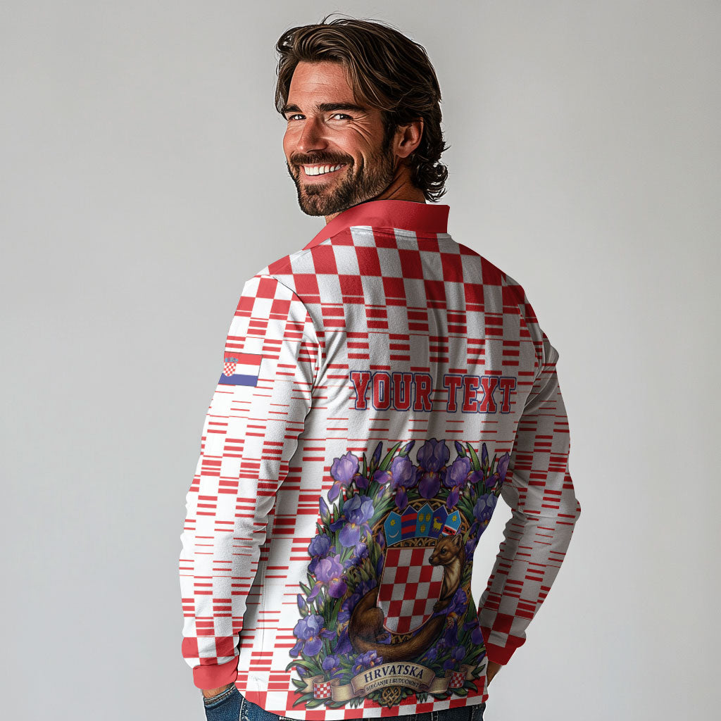 Personalized Croatia National Day Long Sleeve Polo Shirt Croatian Kuna Heritage Iris Floral