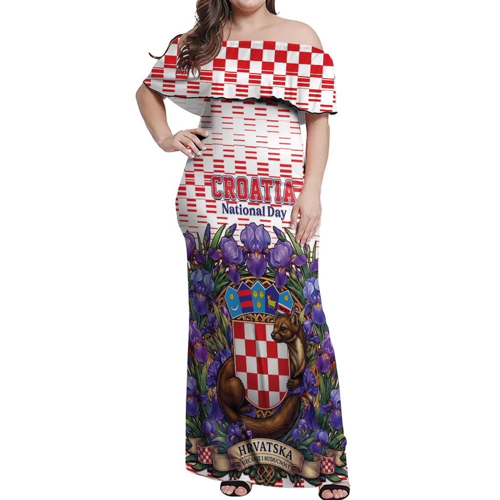 Personalized Croatia National Day Off Shoulder Maxi Dress Croatian Kuna Heritage Iris Floral