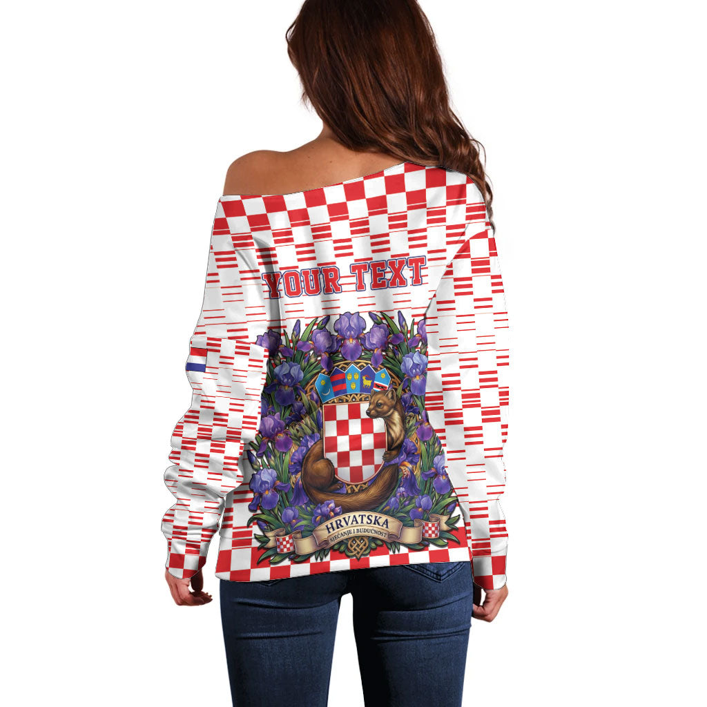 Personalized Croatia National Day Off Shoulder Sweater Croatian Kuna Heritage Iris Floral