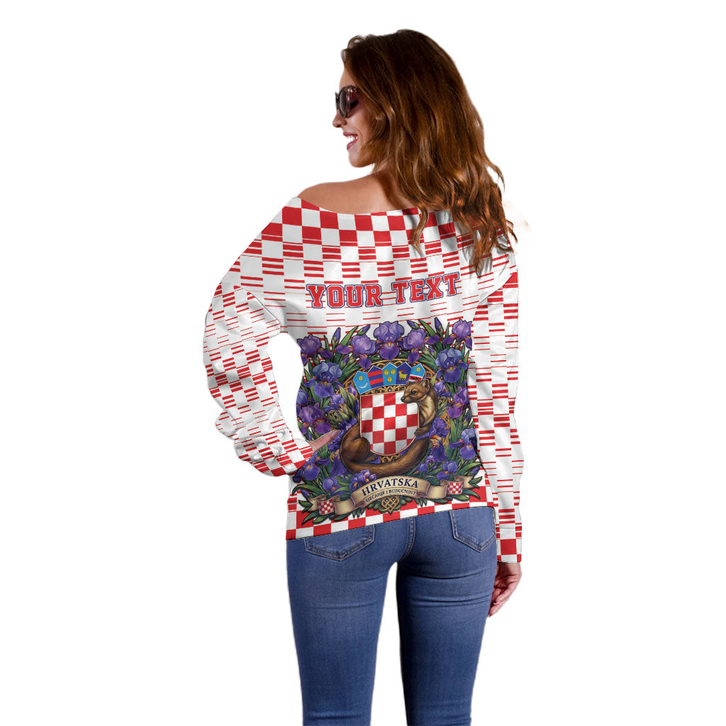 Personalized Croatia National Day Off Shoulder Sweater Croatian Kuna Heritage Iris Floral