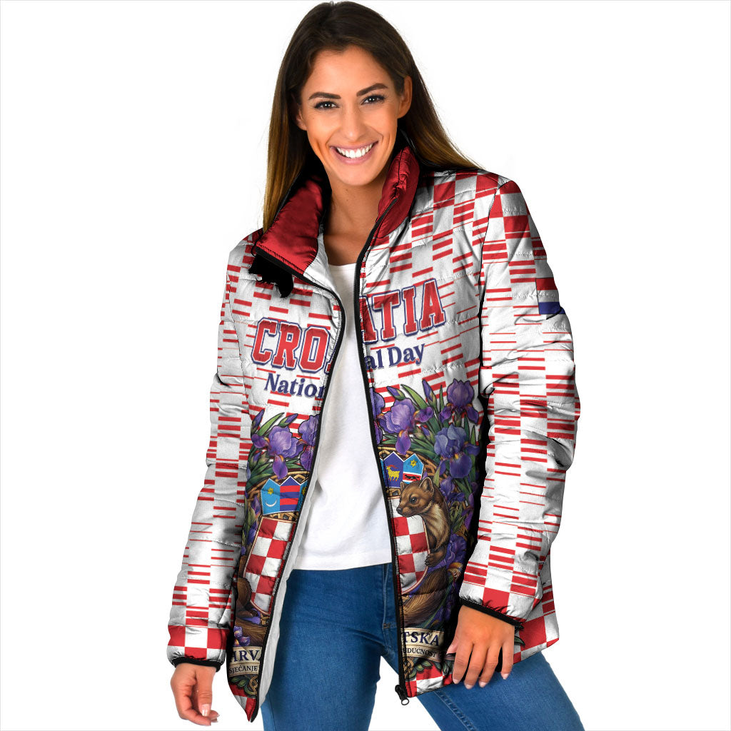 Personalized Croatia National Day Padded Jacket Croatian Kuna Heritage Iris Floral
