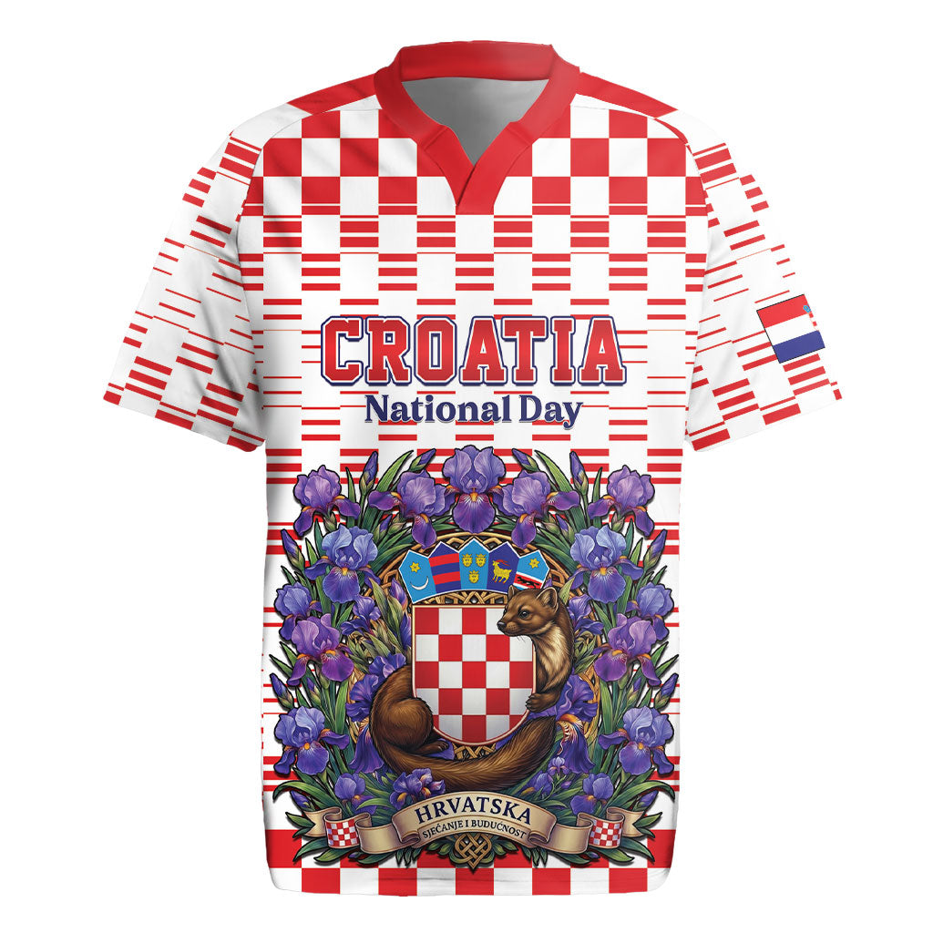 Personalized Croatia National Day Rugby Jersey Croatian Kuna Heritage Iris Floral