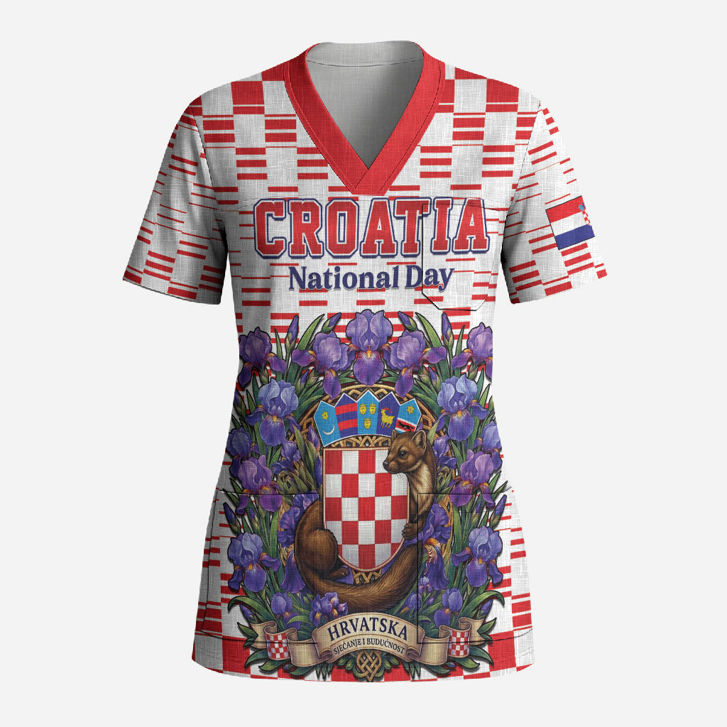 Personalized Croatia National Day Scrub Top Croatian Kuna Heritage Iris Floral