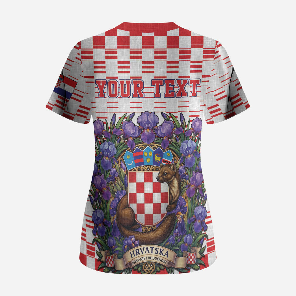 Personalized Croatia National Day Scrub Top Croatian Kuna Heritage Iris Floral