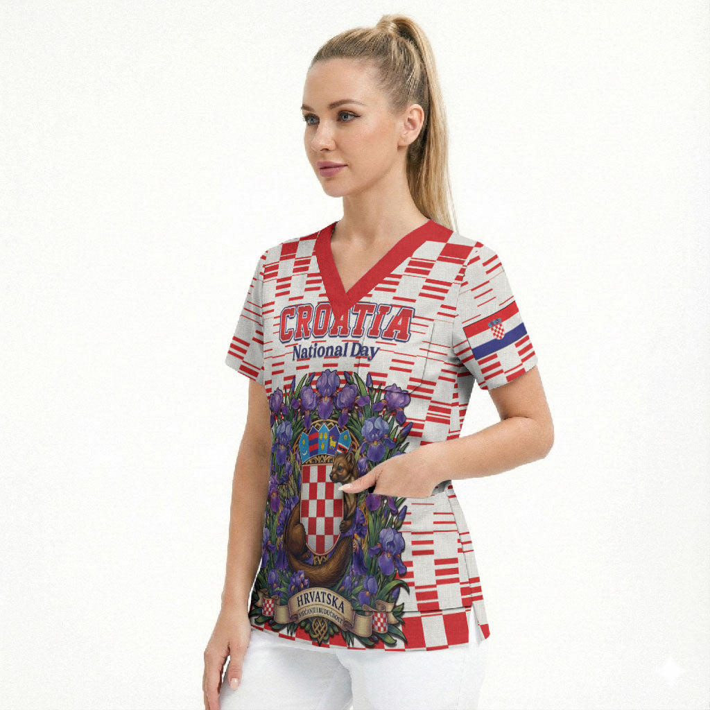 Personalized Croatia National Day Scrub Top Croatian Kuna Heritage Iris Floral