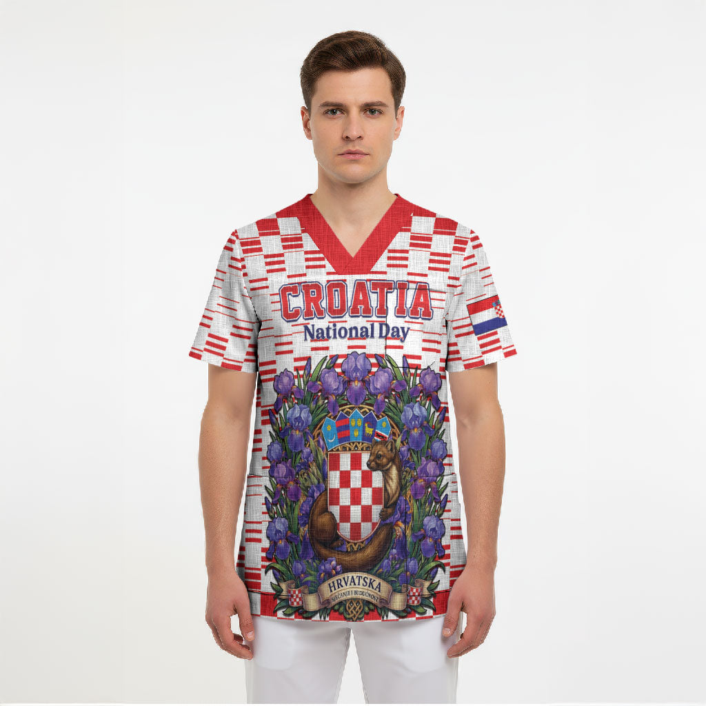 Personalized Croatia National Day Scrub Top Croatian Kuna Heritage Iris Floral