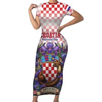 Personalized Croatia National Day Short Sleeve Bodycon Dress Croatian Kuna Heritage Iris Floral