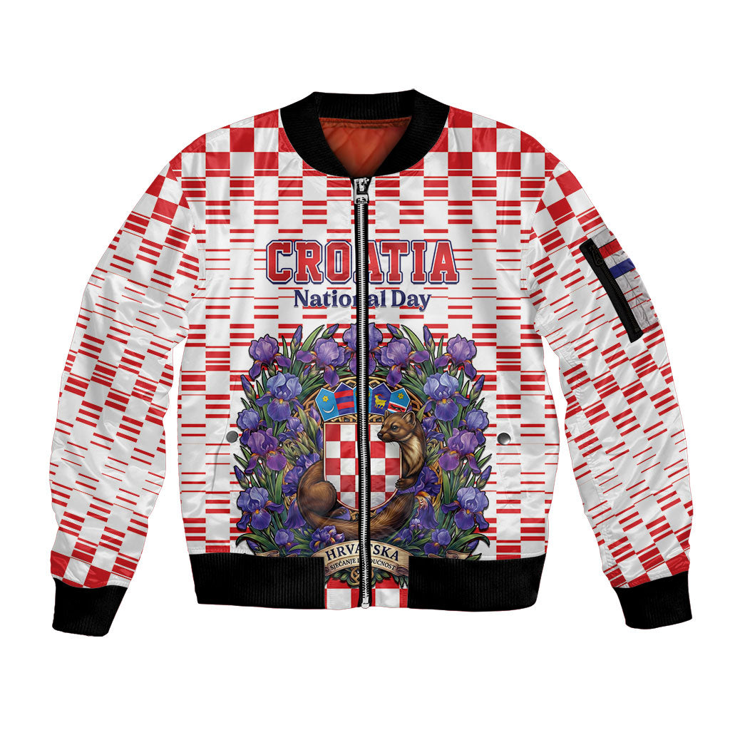 Personalized Croatia National Day Sleeve Zip Bomber Jacket Croatian Kuna Heritage Iris Floral