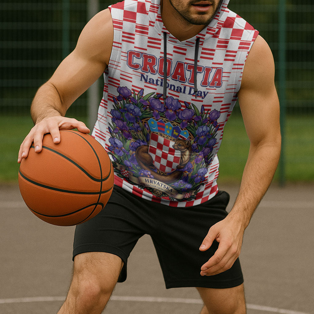 Personalized Croatia National Day Sleeveless Hoodie Croatian Kuna Heritage Iris Floral