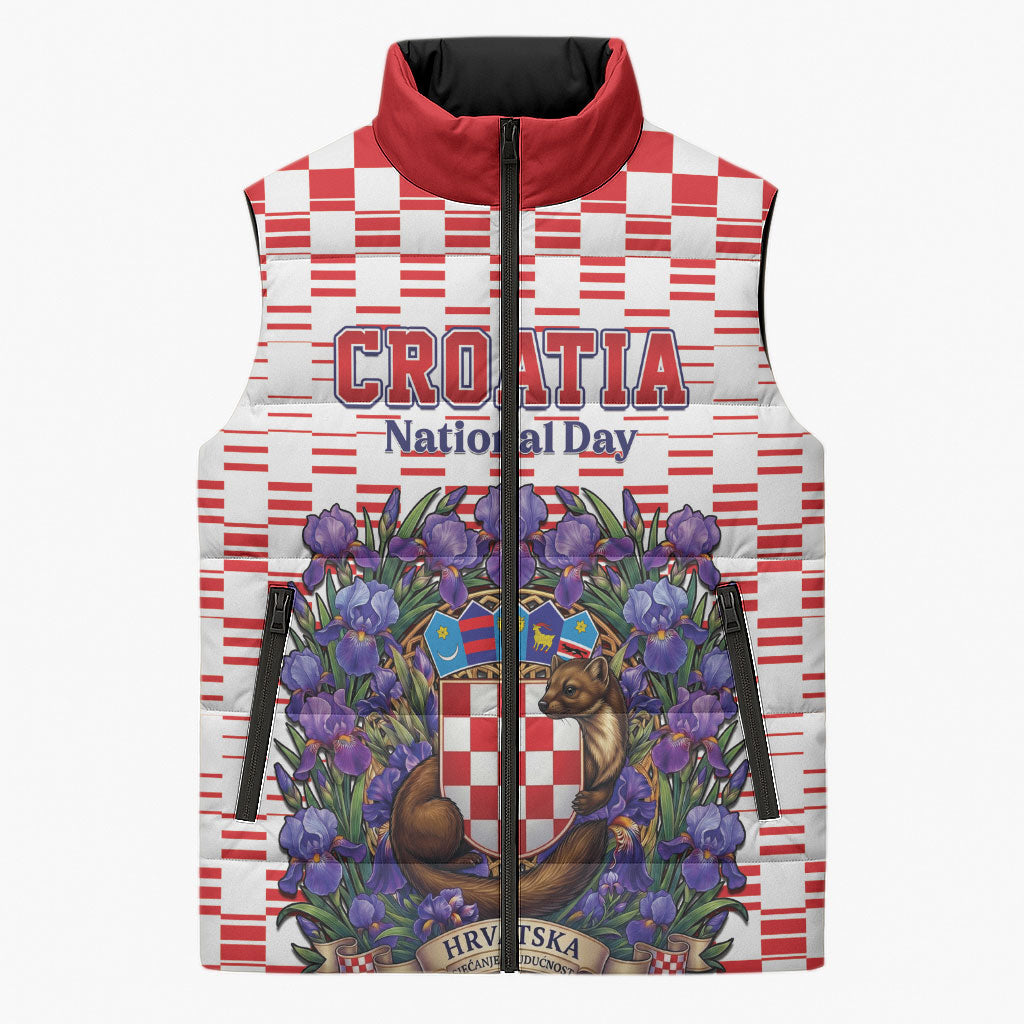 Personalized Croatia National Day Sleeveless Puffer Jacket Croatian Kuna Heritage Iris Floral