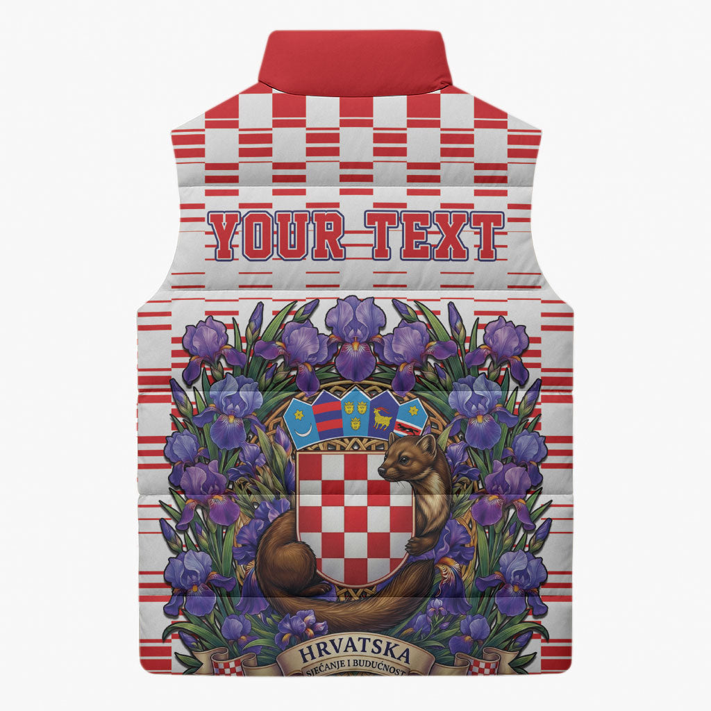 Personalized Croatia National Day Sleeveless Puffer Jacket Croatian Kuna Heritage Iris Floral