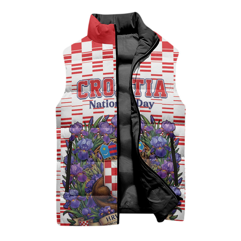 Personalized Croatia National Day Sleeveless Puffer Jacket Croatian Kuna Heritage Iris Floral