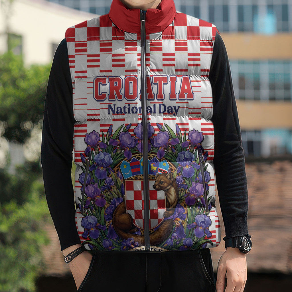 Personalized Croatia National Day Sleeveless Puffer Jacket Croatian Kuna Heritage Iris Floral