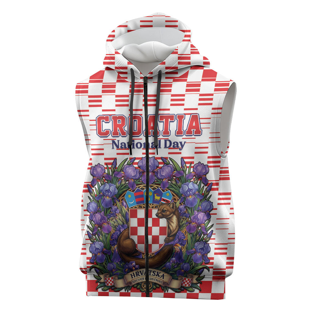 Personalized Croatia National Day Sleeveless Zip Hoodie Croatian Kuna Heritage Iris Floral