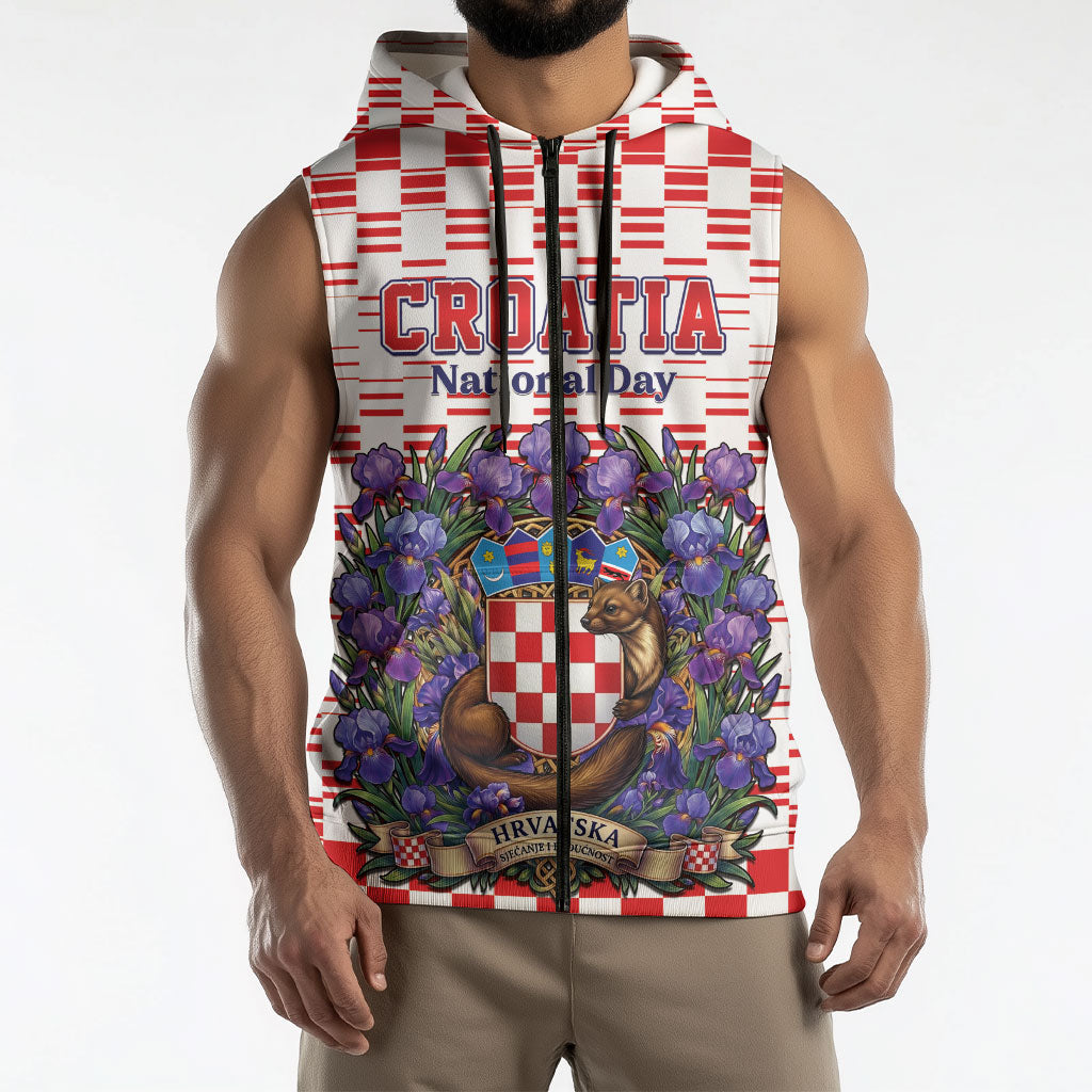 Personalized Croatia National Day Sleeveless Zip Hoodie Croatian Kuna Heritage Iris Floral