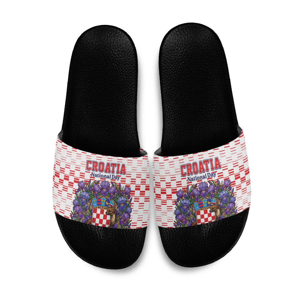 Croatia National Day Slide Sandals Croatian Kuna Heritage Iris Floral