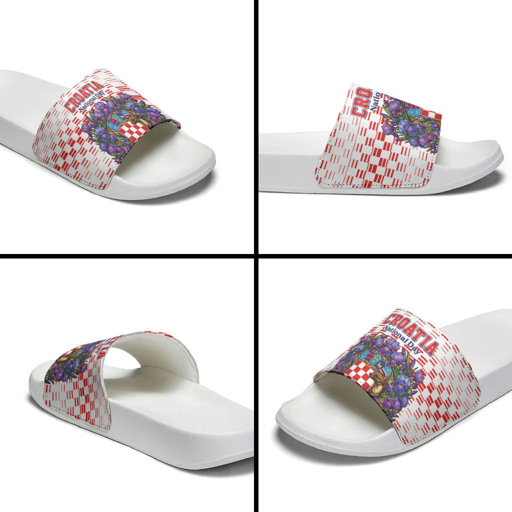 Croatia National Day Slide Sandals Croatian Kuna Heritage Iris Floral