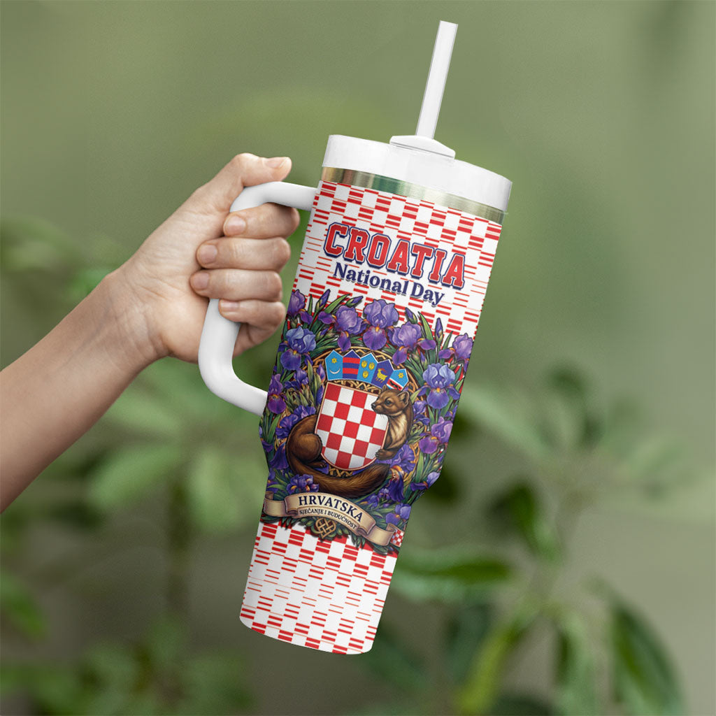 Personalized Croatia National Day Tumbler With Handle Croatian Kuna Heritage Iris Floral