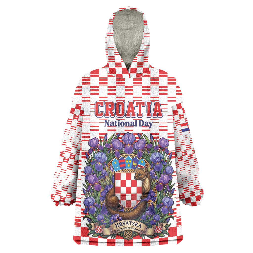 Personalized Croatia National Day Wearable Blanket Hoodie Croatian Kuna Heritage Iris Floral