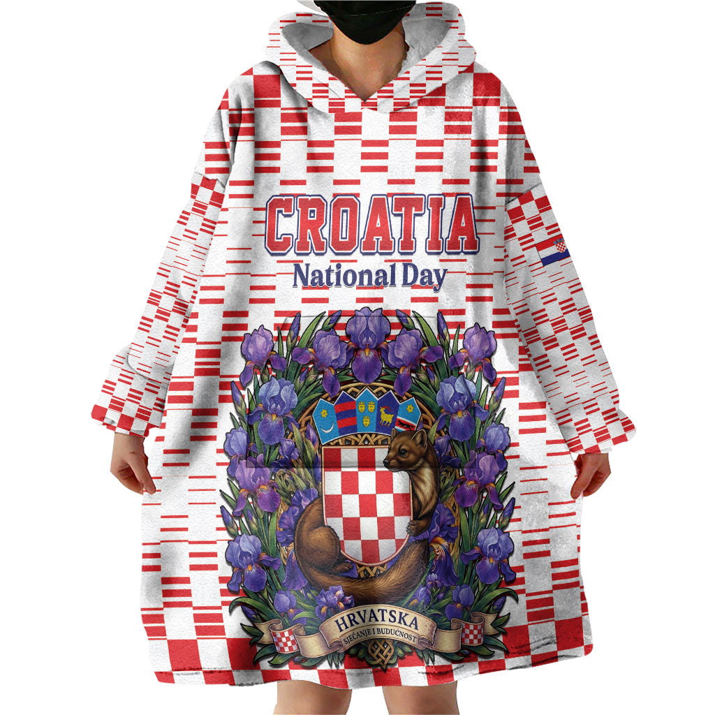 Personalized Croatia National Day Wearable Blanket Hoodie Croatian Kuna Heritage Iris Floral