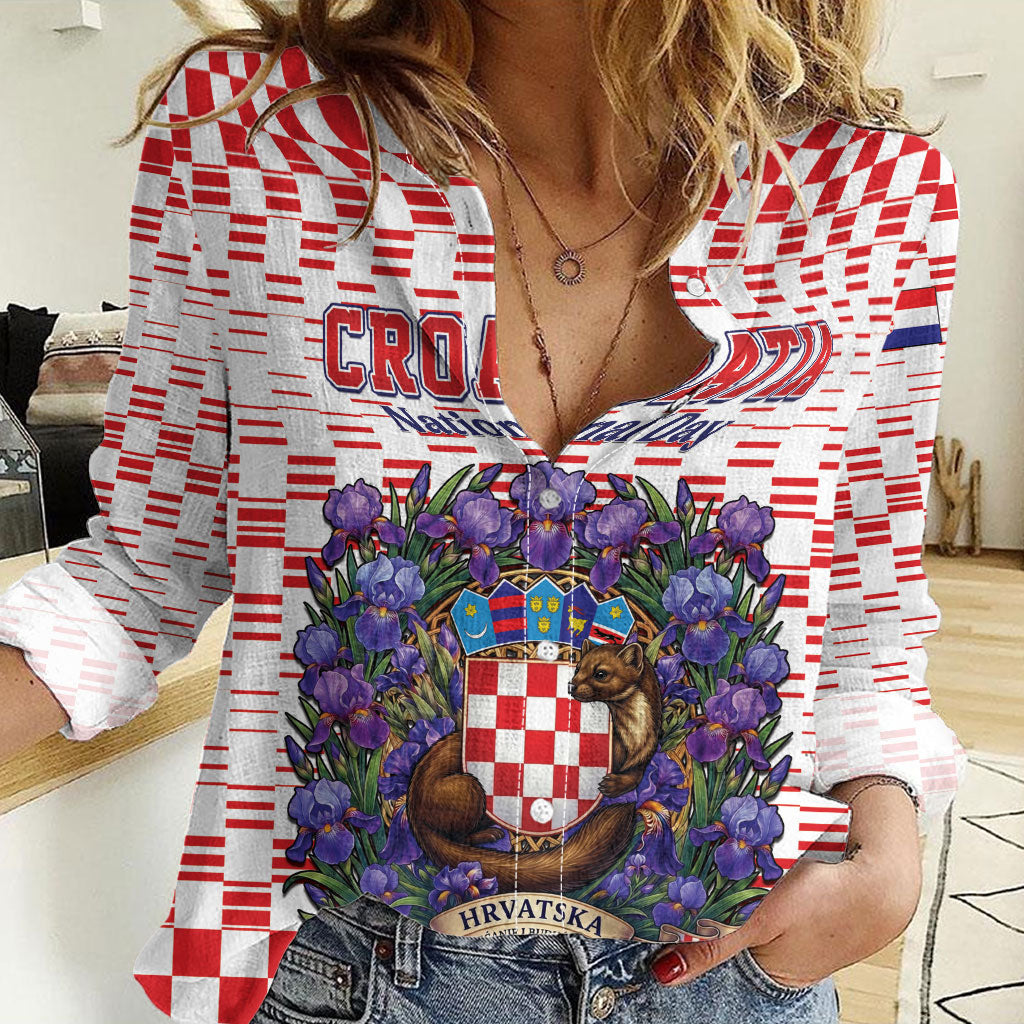 Personalized Croatia National Day Women Casual Shirt Croatian Kuna Heritage Iris Floral