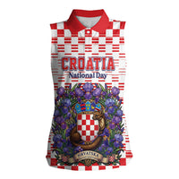 Personalized Croatia National Day Women Sleeveless Polo Shirt Croatian Kuna Heritage Iris Floral