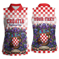 Personalized Croatia National Day Women Sleeveless Polo Shirt Croatian Kuna Heritage Iris Floral