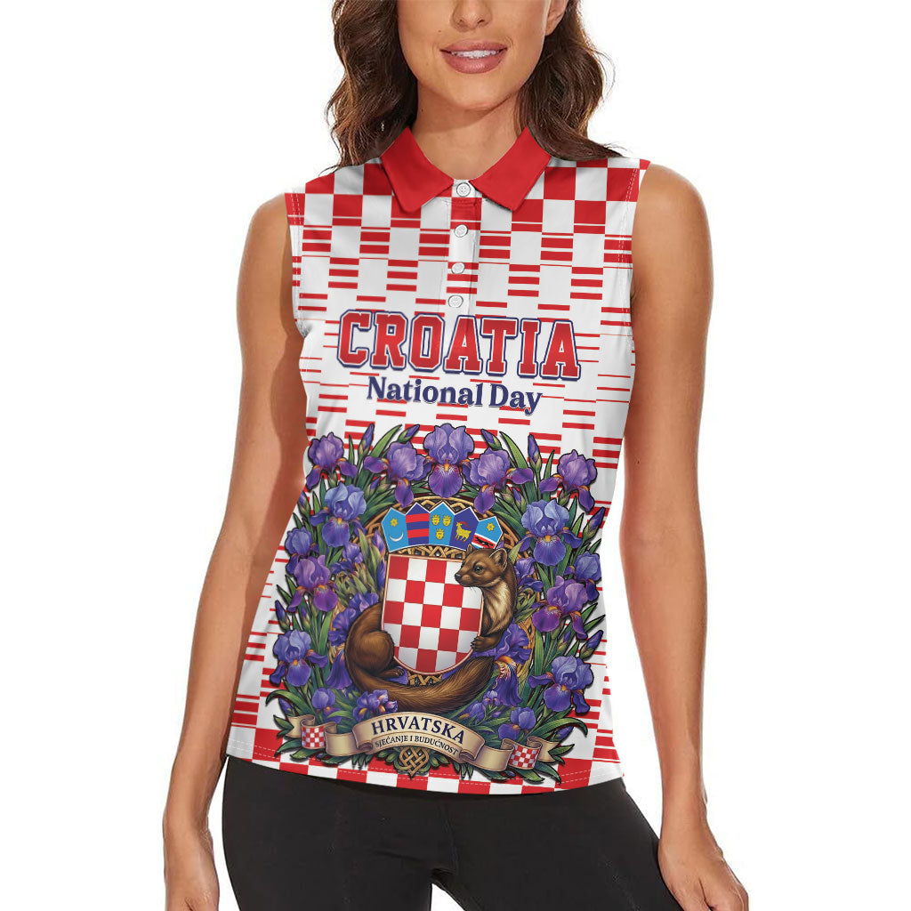 Personalized Croatia National Day Women Sleeveless Polo Shirt Croatian Kuna Heritage Iris Floral