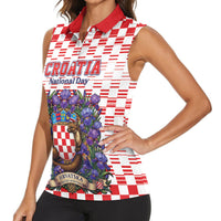 Personalized Croatia National Day Women Sleeveless Polo Shirt Croatian Kuna Heritage Iris Floral