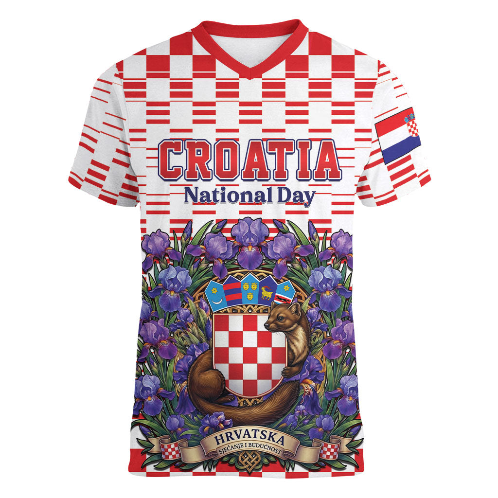 Personalized Croatia National Day Women V-Neck T-Shirt Croatian Kuna Heritage Iris Floral