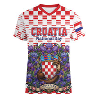 Personalized Croatia National Day Women V-Neck T-Shirt Croatian Kuna Heritage Iris Floral