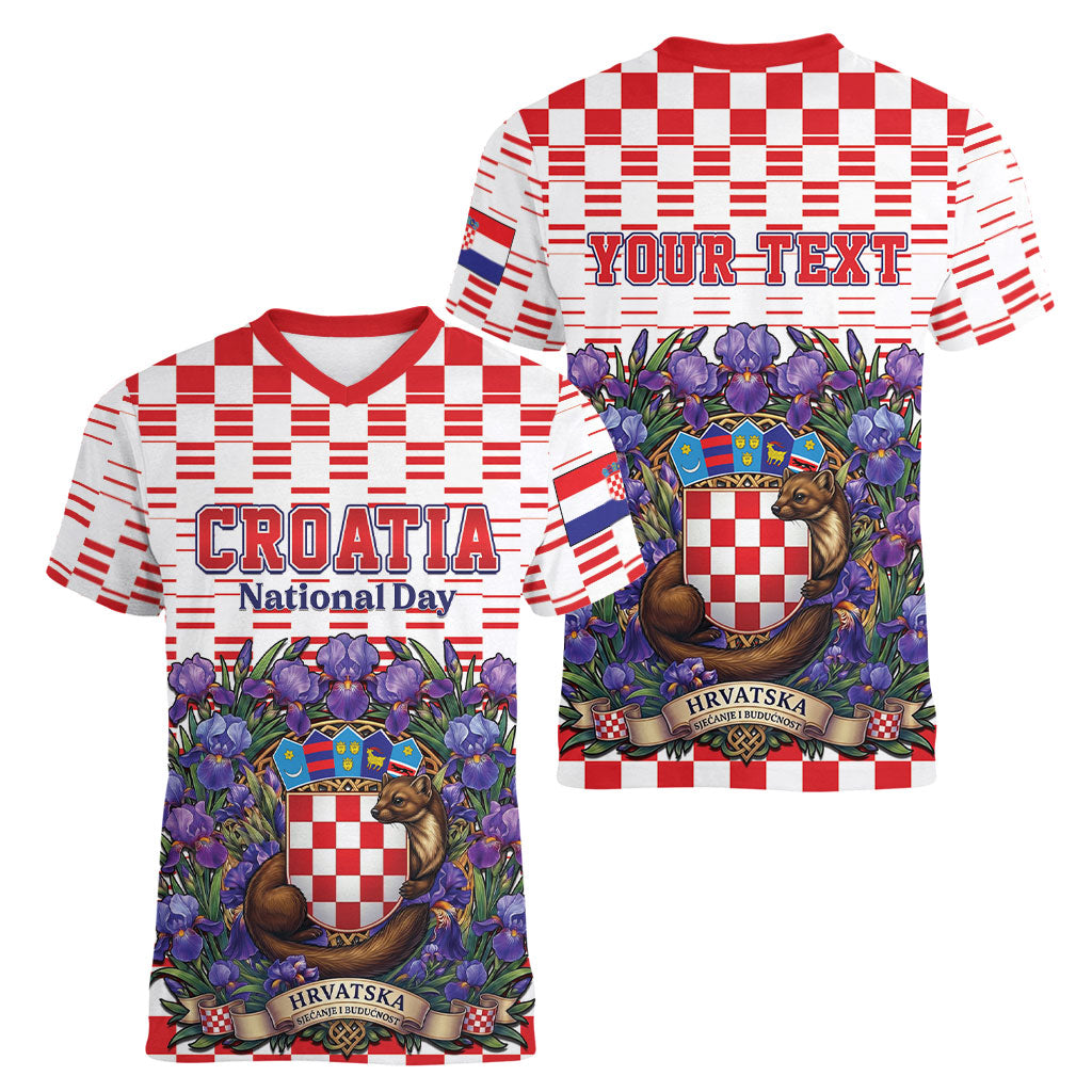 Personalized Croatia National Day Women V-Neck T-Shirt Croatian Kuna Heritage Iris Floral