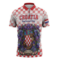 Personalized Croatia National Day Zipper Polo Shirt Croatian Kuna Heritage Iris Floral