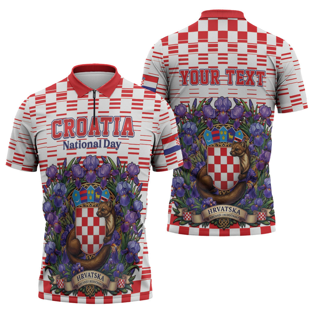 Personalized Croatia National Day Zipper Polo Shirt Croatian Kuna Heritage Iris Floral