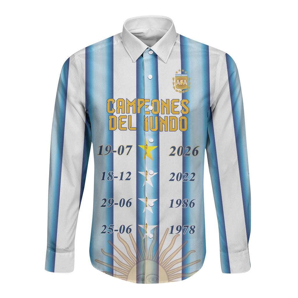 Custom Argentina Campeones Del Mundo 2026 Long Sleeve Button Shirt Four Star World Champions Glory