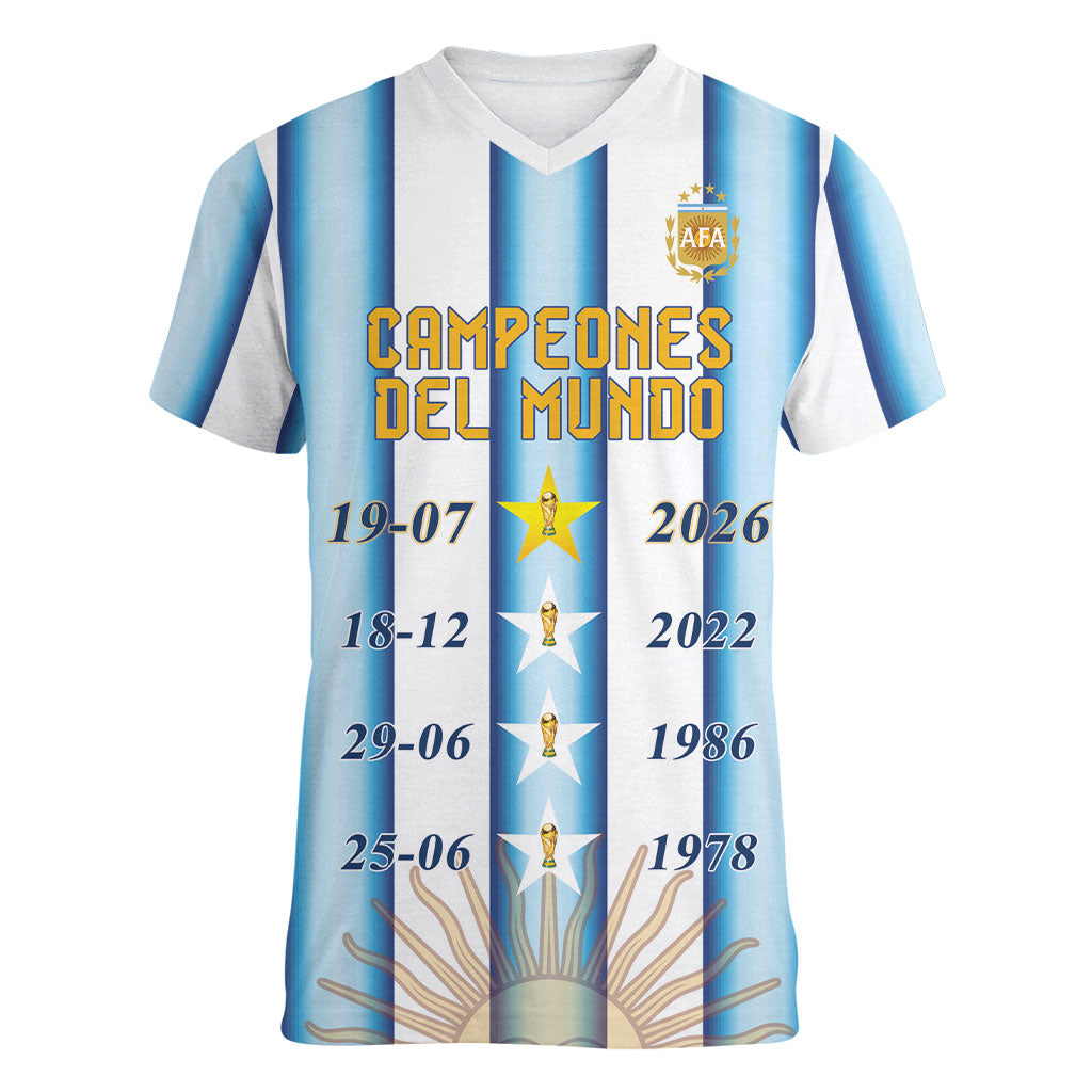 Custom Argentina Campeones Del Mundo 2026 Women V-Neck T-Shirt Four Star World Champions Glory