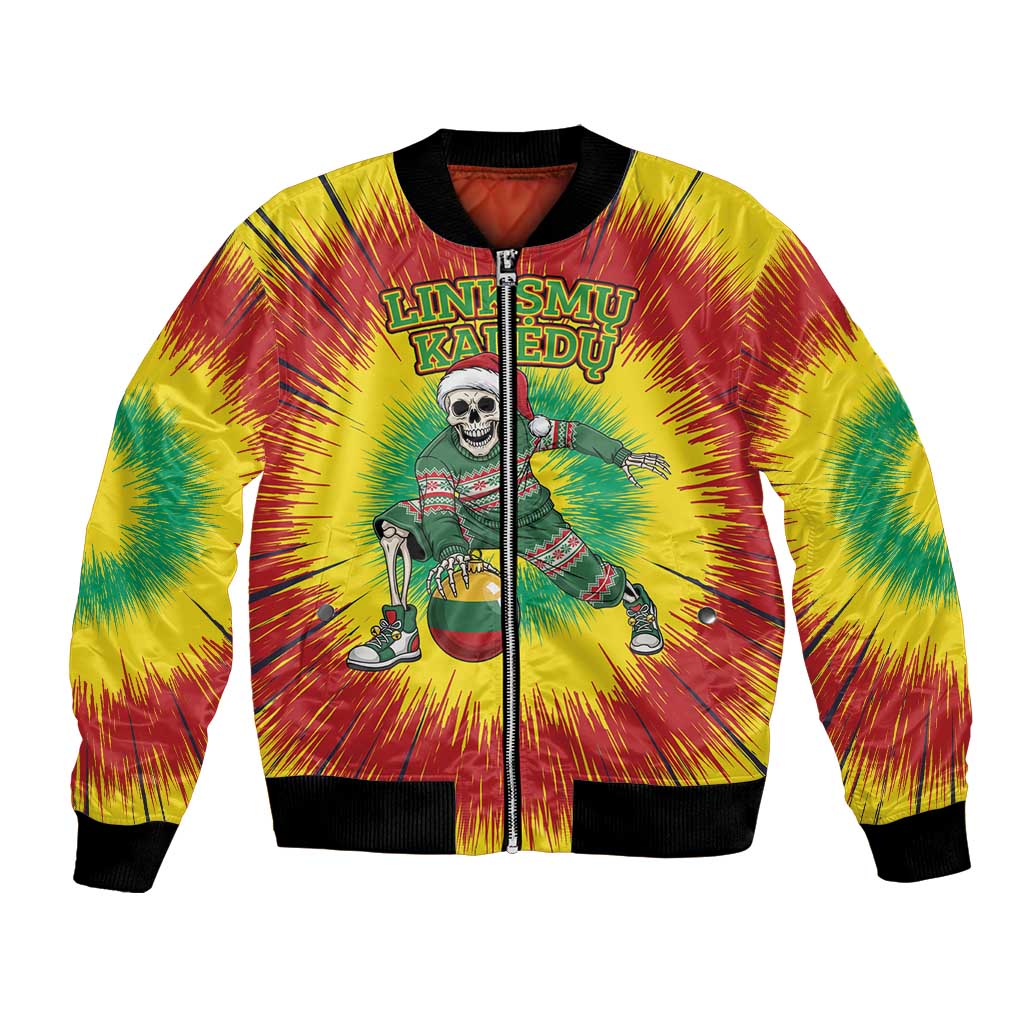 Personalized Lithuania Christmas Tie Dye Bomber Jacket Skeleton Basketball Slam Dunk Santa Hat LT19