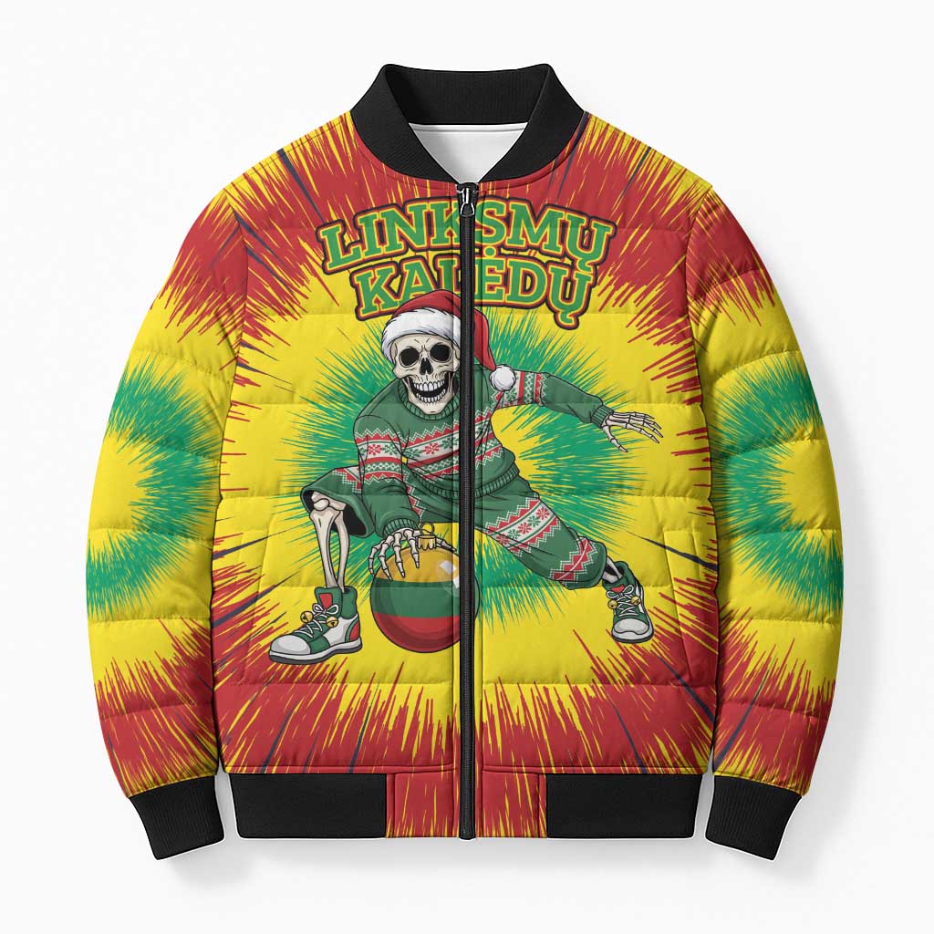 Personalized Lithuania Christmas Tie Dye Bomber Puffer Jacket Skeleton Basketball Slam Dunk Santa Hat LT19