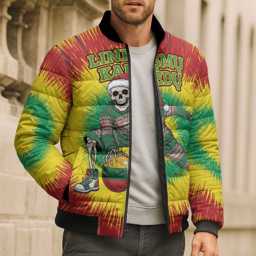 Personalized Lithuania Christmas Tie Dye Bomber Puffer Jacket Skeleton Basketball Slam Dunk Santa Hat LT19