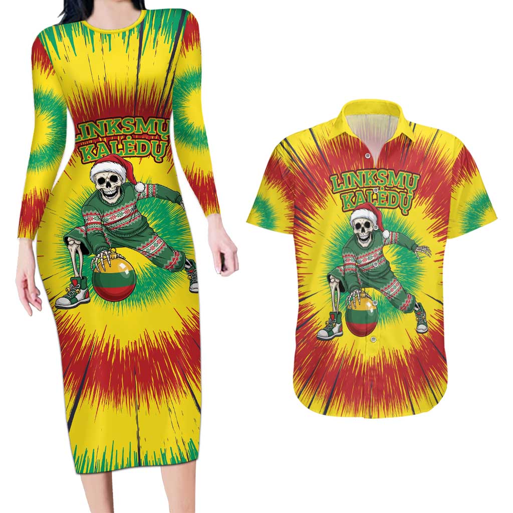 Personalized Lithuania Christmas Tie Dye Couples Matching Long Sleeve Bodycon Dress and Hawaiian Shirt Skeleton Basketball Slam Dunk Santa Hat LT19