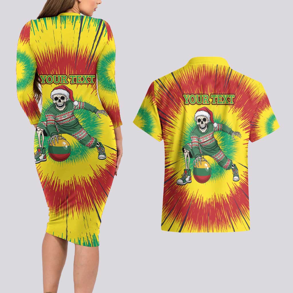 Personalized Lithuania Christmas Tie Dye Couples Matching Long Sleeve Bodycon Dress and Hawaiian Shirt Skeleton Basketball Slam Dunk Santa Hat LT19