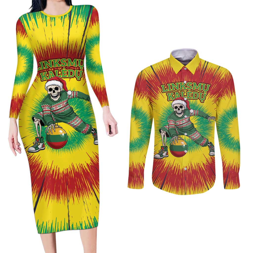 Personalized Lithuania Christmas Tie Dye Couples Matching Long Sleeve Bodycon Dress and Long Sleeve Button Shirt Skeleton Basketball Slam Dunk Santa Hat LT19