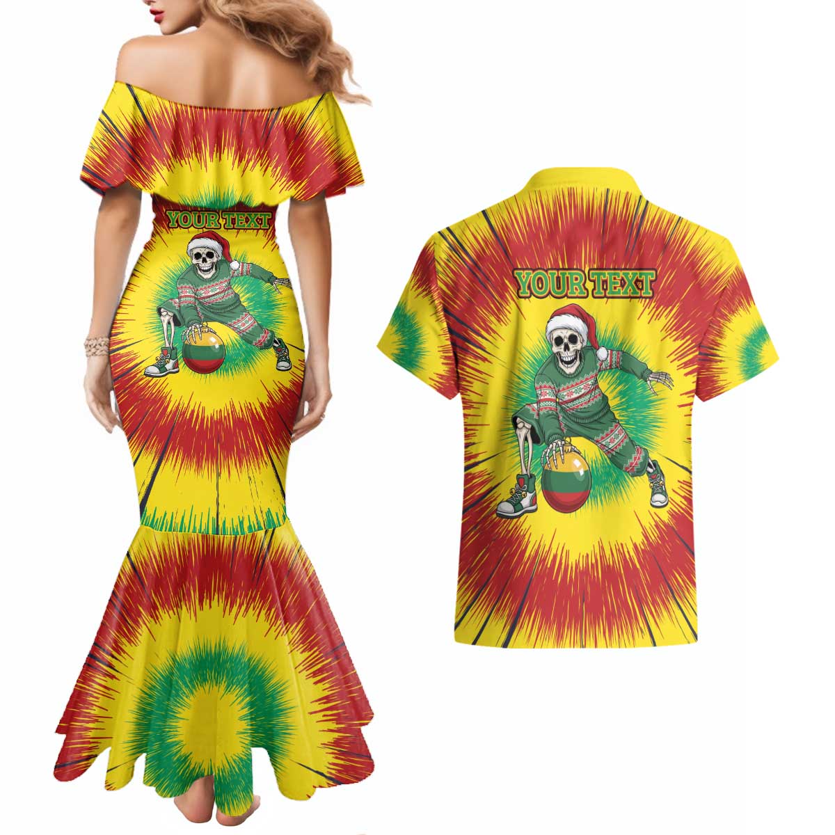 Personalized Lithuania Christmas Tie Dye Couples Matching Mermaid Dress and Hawaiian Shirt Skeleton Basketball Slam Dunk Santa Hat LT19