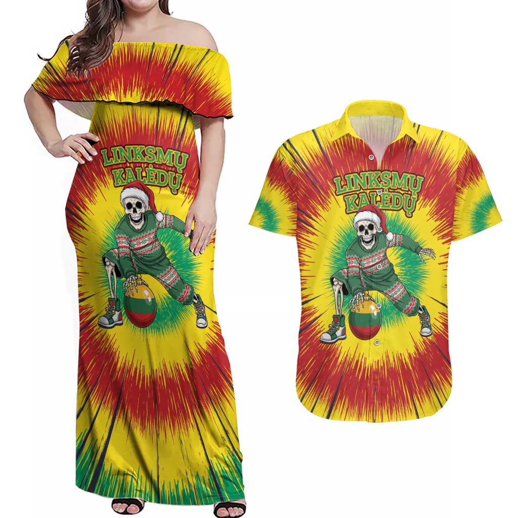 Personalized Lithuania Christmas Tie Dye Couples Matching Off Shoulder Maxi Dress and Hawaiian Shirt Skeleton Basketball Slam Dunk Santa Hat LT19