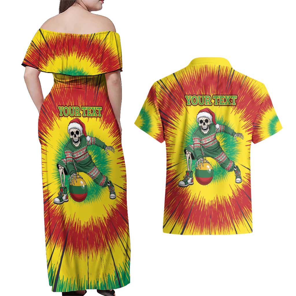 Personalized Lithuania Christmas Tie Dye Couples Matching Off Shoulder Maxi Dress and Hawaiian Shirt Skeleton Basketball Slam Dunk Santa Hat LT19