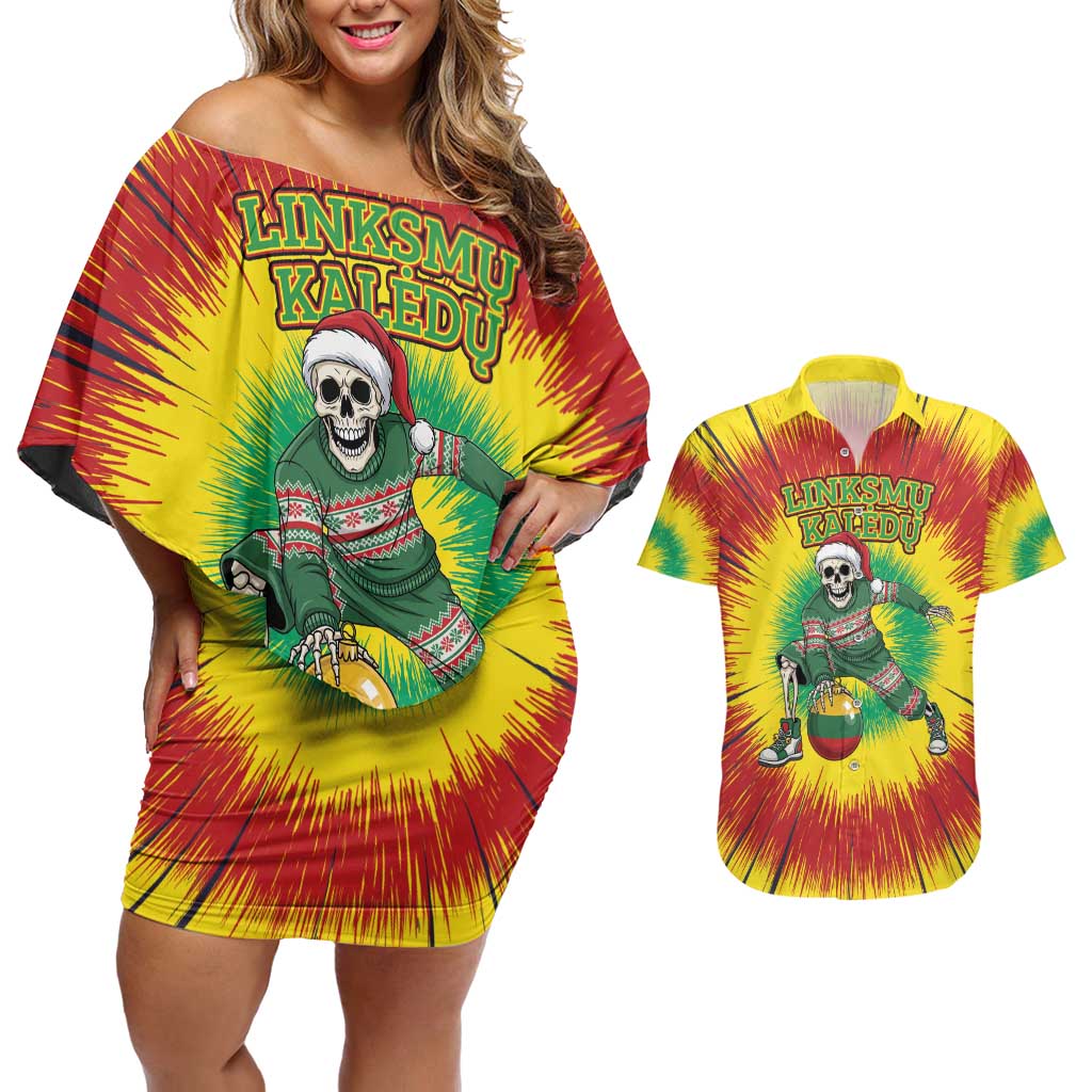 Personalized Lithuania Christmas Tie Dye Couples Matching Off Shoulder Short Dress and Hawaiian Shirt Skeleton Basketball Slam Dunk Santa Hat LT19