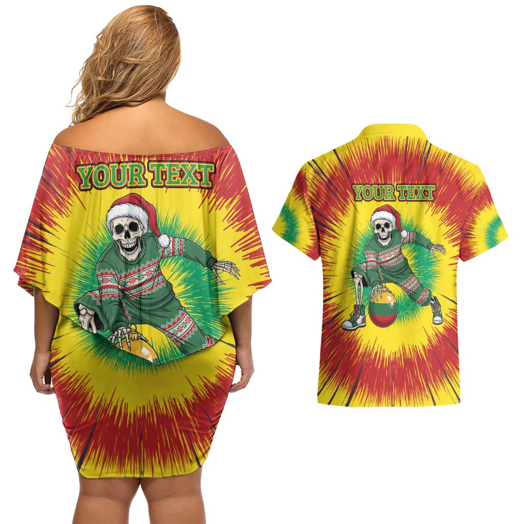 Personalized Lithuania Christmas Tie Dye Couples Matching Off Shoulder Short Dress and Hawaiian Shirt Skeleton Basketball Slam Dunk Santa Hat LT19
