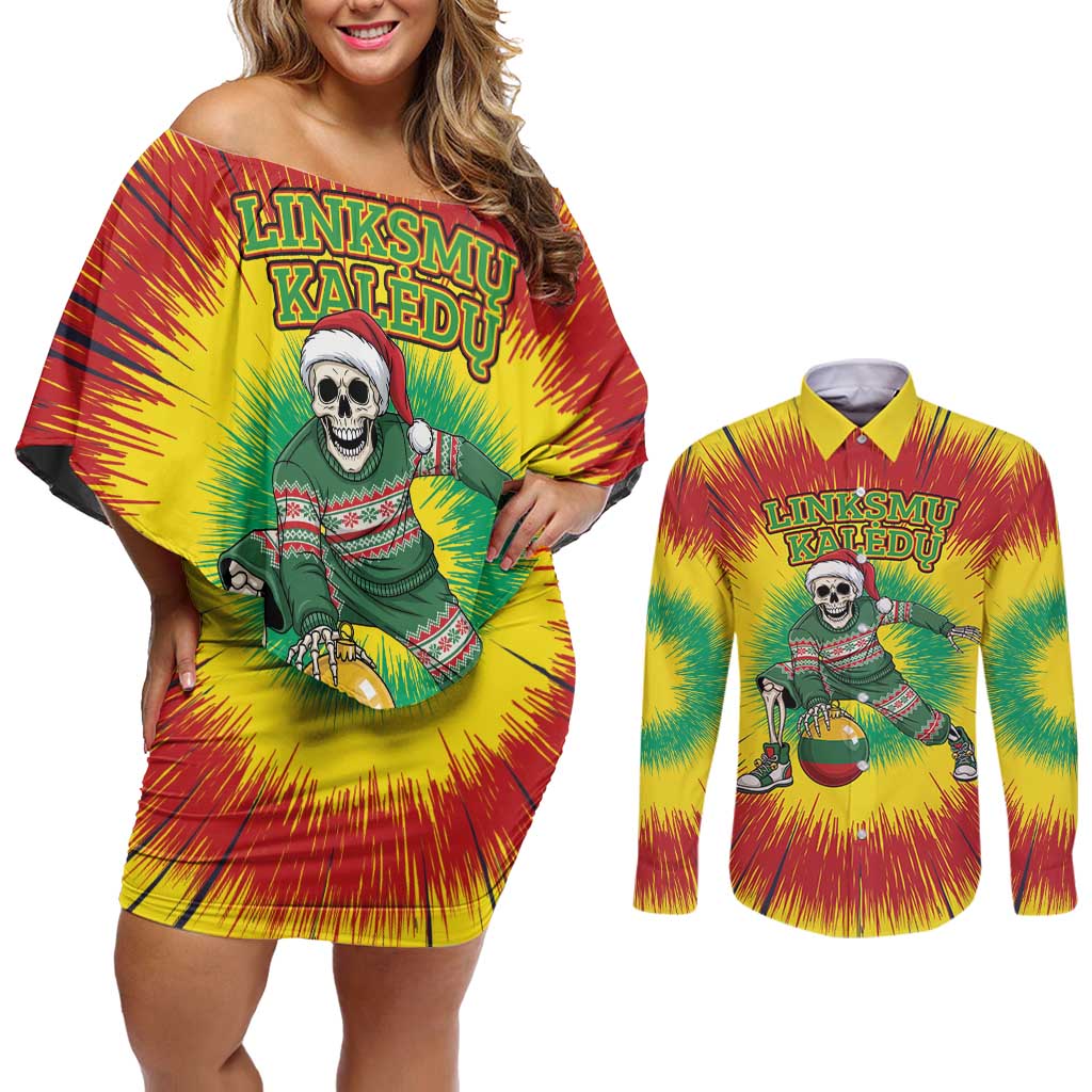 Personalized Lithuania Christmas Tie Dye Couples Matching Off Shoulder Short Dress and Long Sleeve Button Shirt Skeleton Basketball Slam Dunk Santa Hat LT19