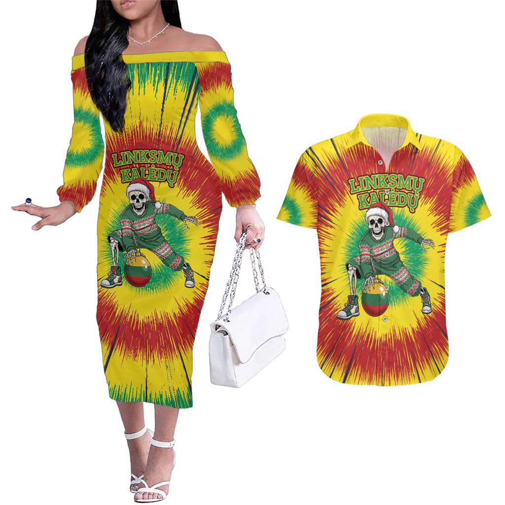 Personalized Lithuania Christmas Tie Dye Couples Matching Off The Shoulder Long Sleeve Dress and Hawaiian Shirt Skeleton Basketball Slam Dunk Santa Hat LT19